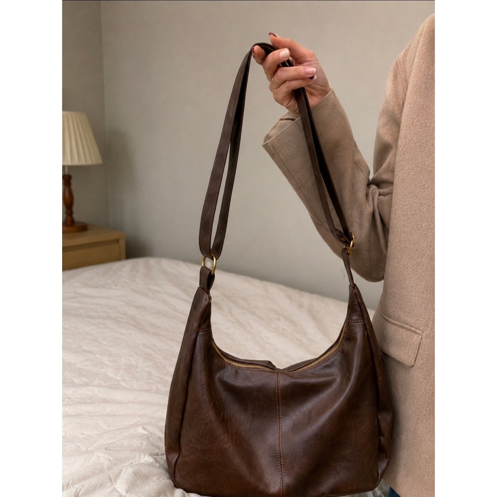 Brown‎ Faux Leather Hobo Shoulder Bag Womens Medium Zip Top Everyday Purse
